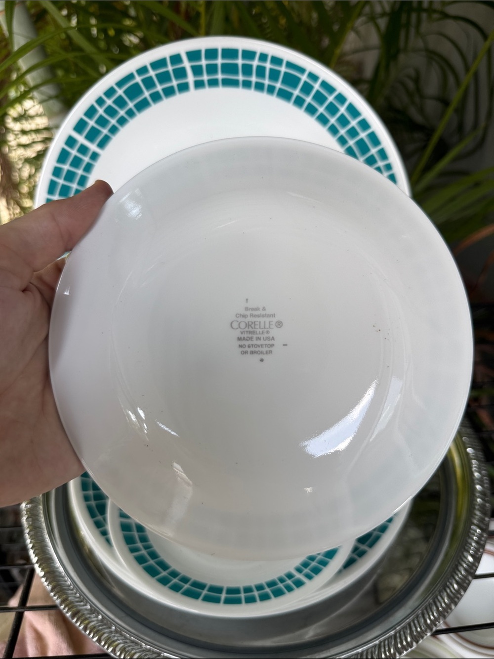 VTG Corelle Aqua Tiles Dinnerware Plate Set of 6 Blue Mosaic Design - Picture 2 of 2